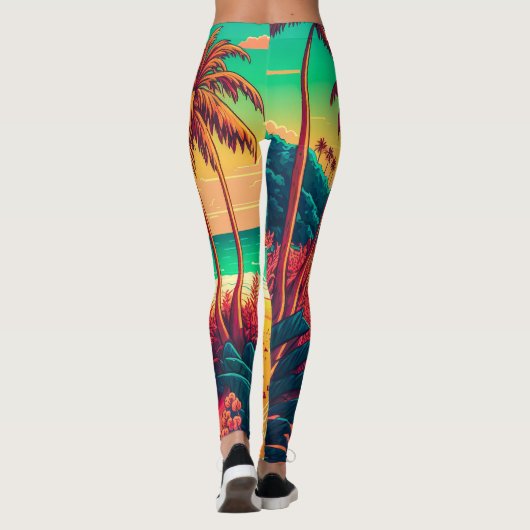 夏カラフルの熱帯ビーチ風景アートワーク | レギンス (裏面)