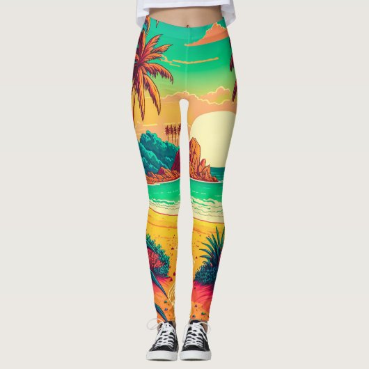 夏カラフルの熱帯ビーチ風景アートワーク | レギンス (正面)