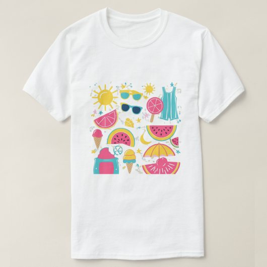 夏カラフルの雰囲気 – 明るくおもしろい季節 Tシャツ (デザイン正面)