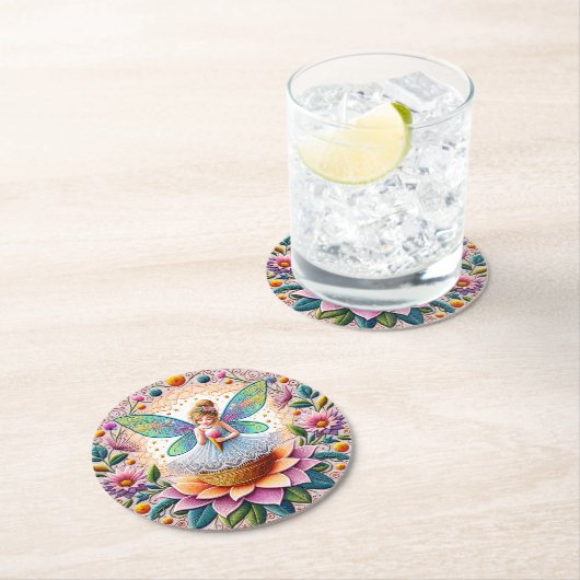 夏カラフル妖精の花とアイスクリーム ラウンドペーパーコースター (インサイチュ)