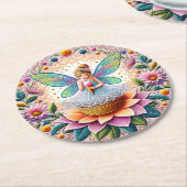 夏カラフル妖精の花とアイスクリーム ラウンドペーパーコースター (アングル)