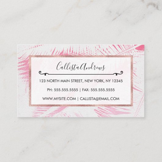 夏ガーリーピンク白い熱帯性ヤシの木の葉 名刺 (裏面)