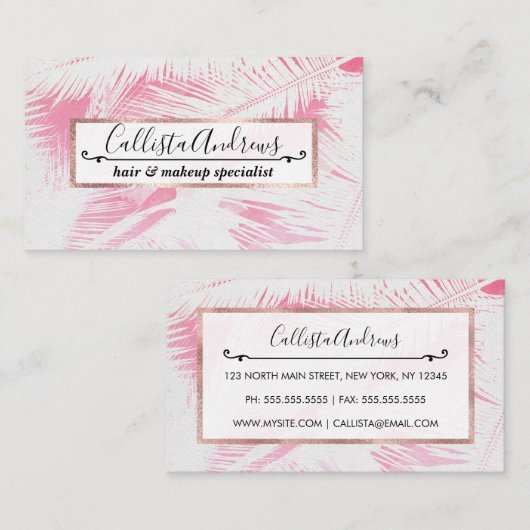 夏ガーリーピンク白い熱帯性ヤシの木の葉 名刺 (正面/裏面)