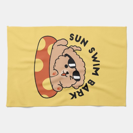 夏クール犬フローティング – かわいい子犬プールパーティー キッチンタオル (横)