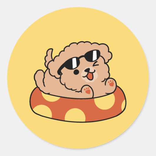 夏クール犬フローティング – かわいい子犬プールパーティー ラウンドシール (正面)