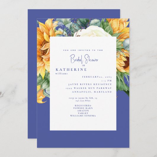 夏コバルトブルーサンフラワートスカーナブライダルシャワー。 招待状 (正面/裏面)