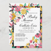夏ゴールデンピンクフローラ水色ベビーシャワー 招待状 (正面/裏面)