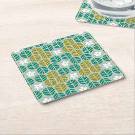 夏ストライプのレトロなコースターフローラ青 スクエアペーパーコースター