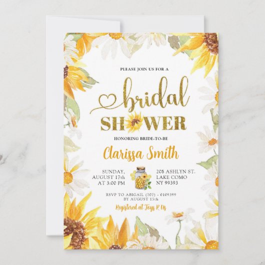 夏デイジーひまわり金ゴールドビーブライダルシャワー 招待状 (正面)