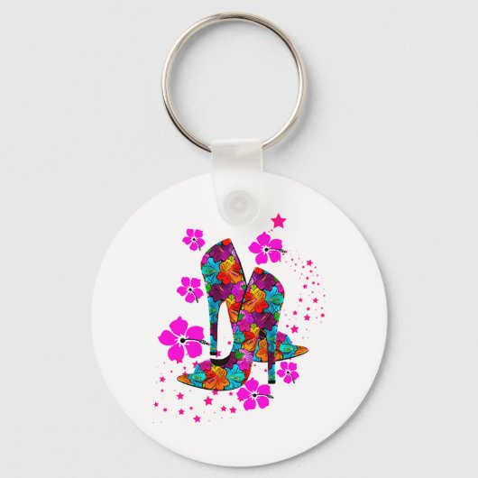 夏ハイヒールシューズ熱ピンクの花 キーホルダー (正面)