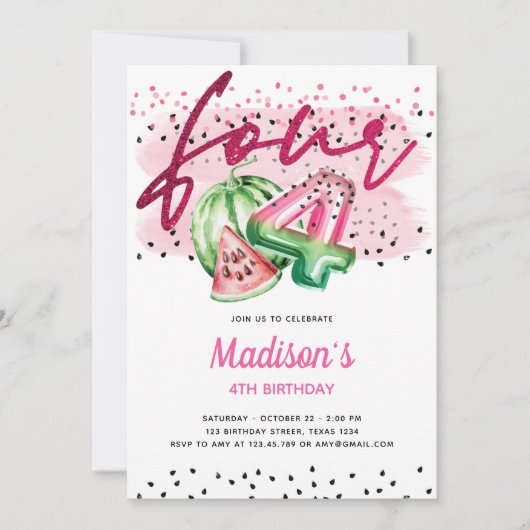 夏バルーンレターメロン4歳の誕生日 招待状 (正面)
