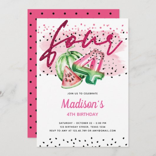 夏バルーンレターメロン4歳の誕生日 招待状 (正面/裏面)