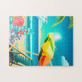 夏ビーチの傘、サーフボード、木 ジグソーパズル (横)