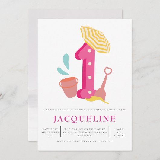 夏ビーチガールズ1st誕生日パーティー 招待状 (正面/裏面)