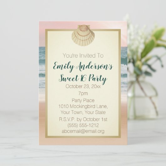 夏ビーチクリームシーシェルピンクサンセットスウィート16 招待状 (スタンド正面)