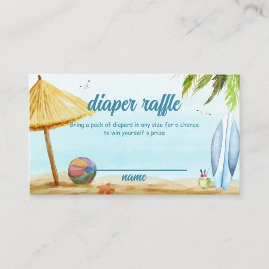 夏ビーチサーフボードおむつラッフルベビーシャワー エンクロージャーカード (正面)