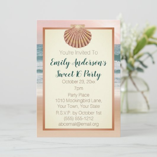 夏ビーチシーシェルピンクサンセットスウィート16 招待状 (スタンド正面)