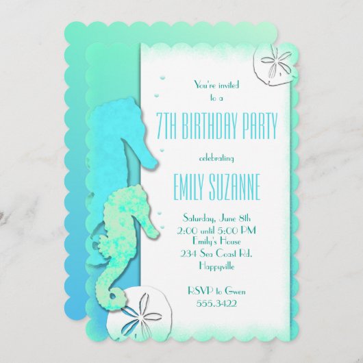 夏ビーチシーホースガールズバースデーパーティー 招待状 (正面/裏面)