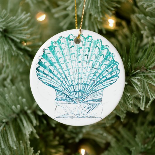 夏ビーチティール(緑がかった色)青水色人魚の殻 セラミックオーナメント (ツリー)