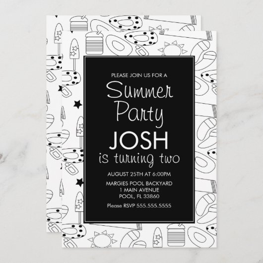 夏ビーチテーマドードルバースデーパーティー 招待状 (正面/裏面)