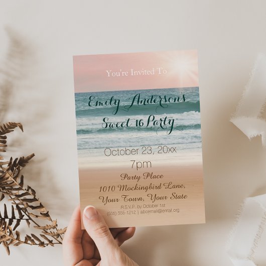夏ビーチテーマピンクサンセットスウィート16誕生日 招待状