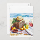 夏ビーチピクニックウォーター色イラストレーション- Vibr ポストカード (正面/裏面)