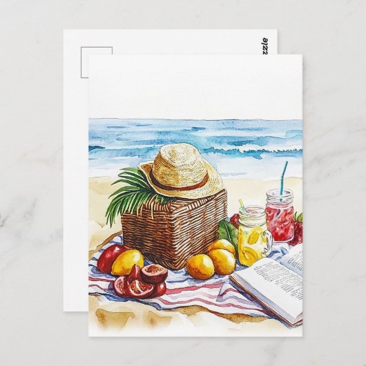 夏ビーチピクニックウォーター色イラストレーション- Vibr ポストカード (正面/裏面)
