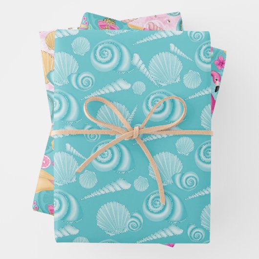 夏ビーチピンクティール(緑がかった色)イエローシーシェルフラミンゴ ラッピングペーパーシート (インサイチュ)