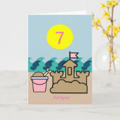 夏ビーチピンクペールサンドキャッスル7誕生日 カード (黄色い花)