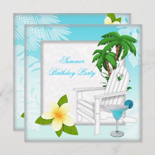 夏ビーチプールカクテルティール（緑がかった色）誕生日パーティー 招待状 (正面/裏面)