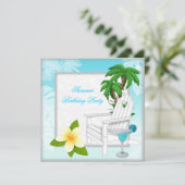 夏ビーチプールカクテルティール(緑がかった色)誕生日パーティー 招待状 (スタンド正面)