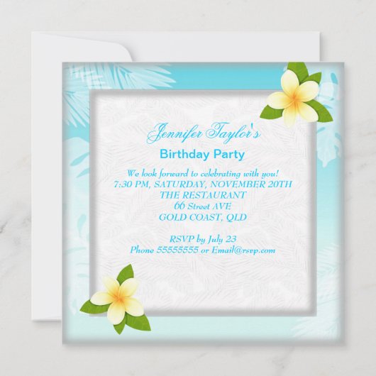 夏ビーチプールカクテルティール（緑がかった色）誕生日パーティー 招待状 (裏面)