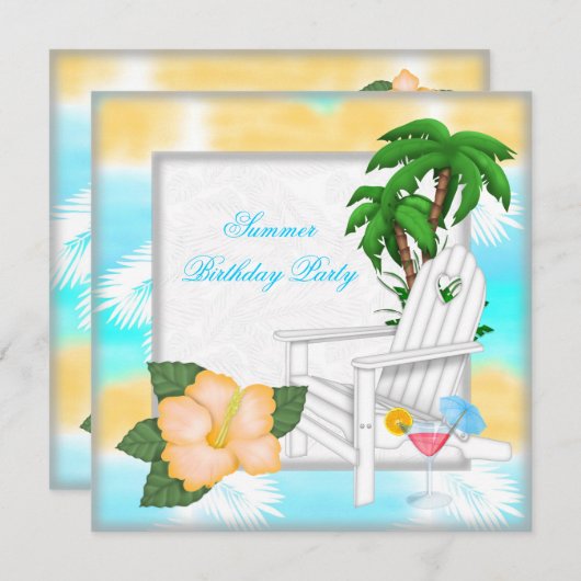 夏ビーチプールカクテルバースデーパーティー 招待状 (正面/裏面)
