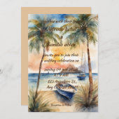 夏ビーチヤシの木の熱帯水結婚色 招待状 (正面/裏面)