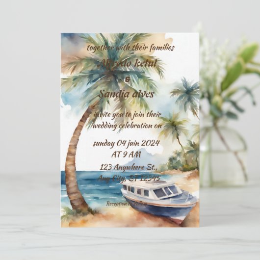 夏ビーチヤシの木の熱帯水結婚色 招待状 (スタンド正面)