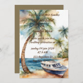 夏ビーチヤシの木の熱帯水結婚色 招待状 (正面/裏面)