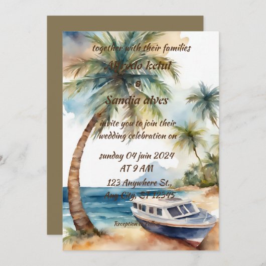 夏ビーチヤシの木の熱帯水結婚色 招待状 (正面/裏面)