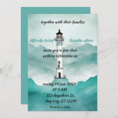 夏ビーチライトハウス水結婚色の 招待状 (正面/裏面)