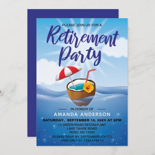夏ビーチ主題の退職パーティー 招待状 (正面/裏面)