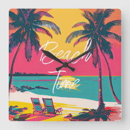 夏ビーチ時間レトロサーファーパームツリーズサンセット スクエア壁時計