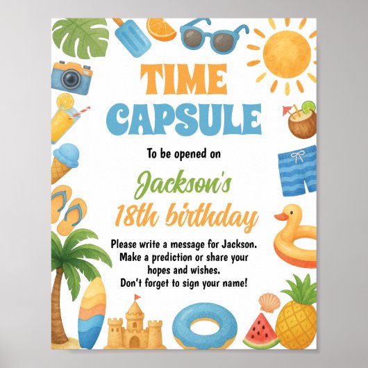 夏ビーチ誕生日パーティータイムカプセルサイン ポスター (正面)