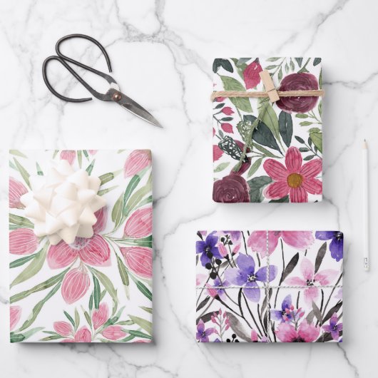 夏ピンクの緑の水色咲く花 ラッピングペーパーシート (正面)