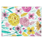 夏ピンク黄色の花水色パターン テーブルクロス (正面(横))