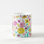 夏ピンク黄色の花水色モノグラム コーヒーマグカップ (中央)