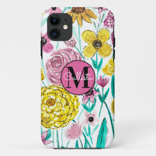 夏ピンク黄色の花水色モノグラム iPhone 11 ケース
