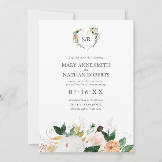 夏フローラオレンジボタニカルモノグラム結婚ズ 招待状 (正面)