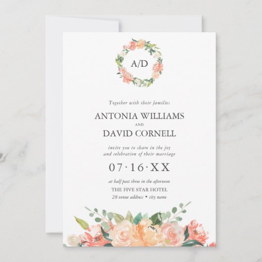 夏フローラピーチボタニカルモノグラム結婚ズ 招待状 (正面)