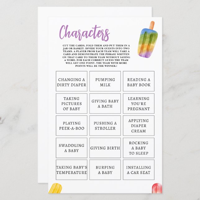 夏ポプシクル赤ちゃんシャワーゲームキャラクター (正面/裏面)