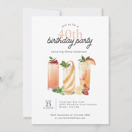 夏モダンカクテル40歳の誕生日パーティー 招待状 (正面)