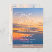 夏モダン日没の日付の変更ビーチ結婚式 案内ポストカード (正面/裏面)